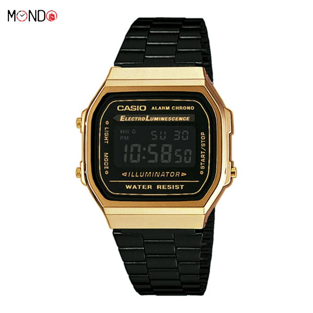 خرید اینترنتی ساعت مچی کاسیو مردانه مدل A168WEGB-1BDF های کپی مشکی طلایی بند فلزی