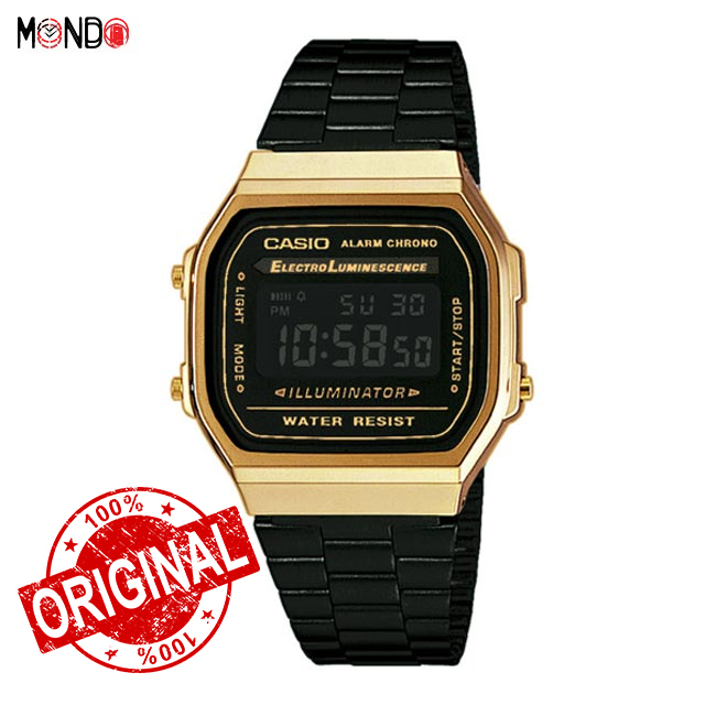 خرید اینترنتی ساعت مچی کاسیو مردانه مدل A168WEGB-1BDF اصل مشکی طلایی بند فلزی
