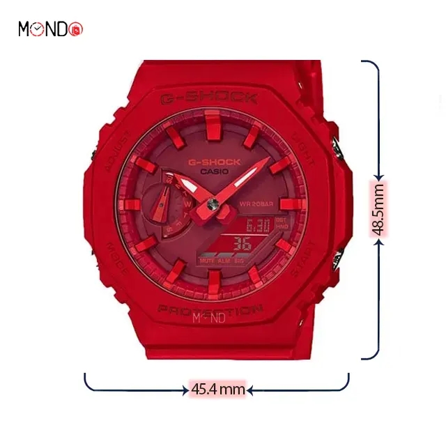 سایز و ابعاد ساعت مچی کاسیو جی شاک مدل GA2100-4A صفحه گرد تمام قرمز