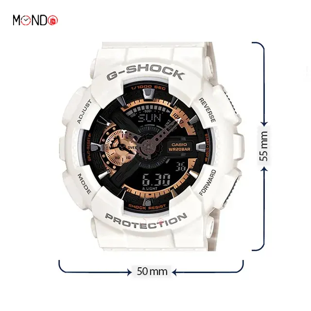 ابعاد و مشخصات ساعت مچی مردانه کاسیو جی شاک مدل GA-110RG-7A سفید رزگلد