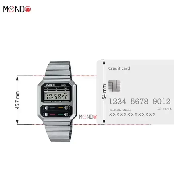 سایز و ابعاد ساعت مچی کاسیو مدل A100WE-1ADF اصل نقره ای استیل