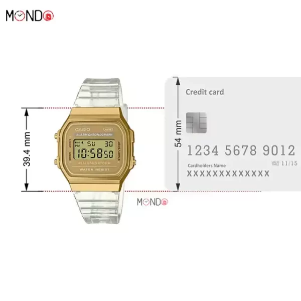 سایز و ابعاد ساعت مچی کاسیو مدل A168XESG-9ADF اصل طلایی بند شفاف
