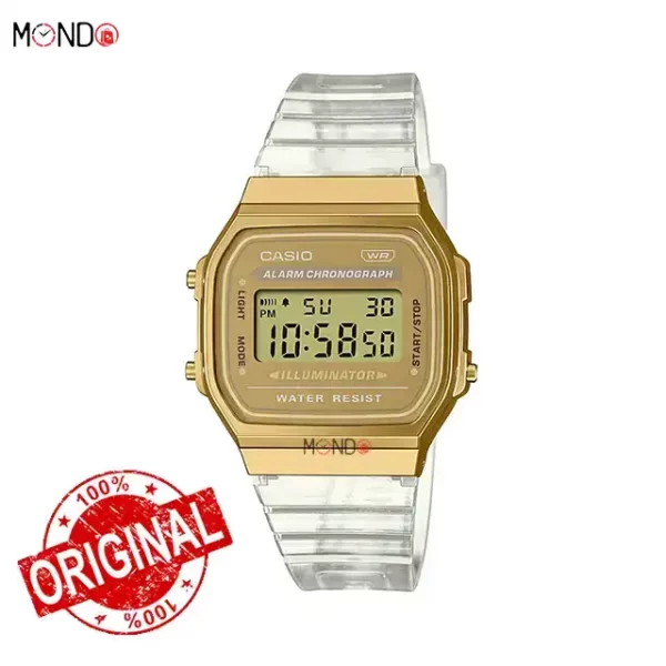 خرید اینترنتی ساعت مچی کاسیو مدل A168XESG-9ADF اصل طلایی بند شفاف