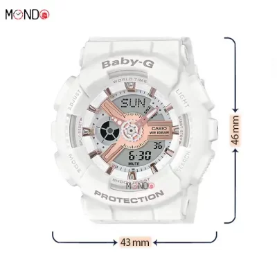 سایز و ابعاد ساعت مچی بیبی جی مدل BA-110XRG-7ADR اصل سفید رزگلد