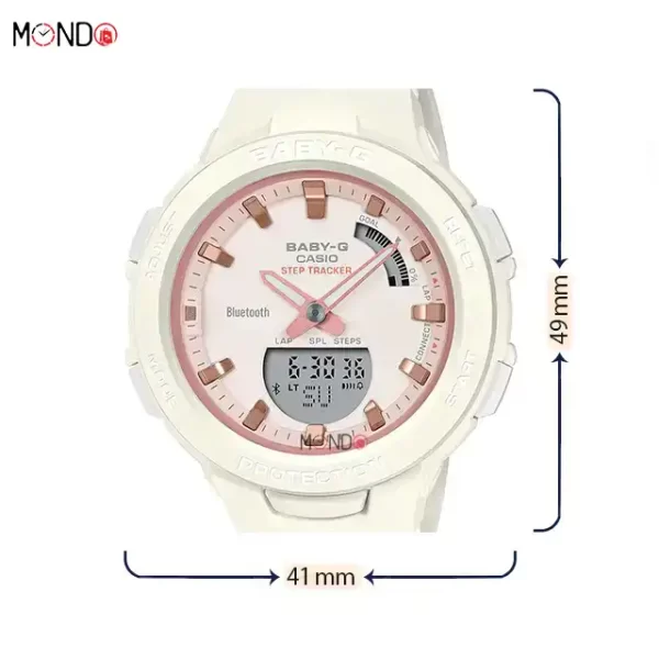 سایز و ابعاد ساعت مچی هوشمند بیبی جی مدل BSA-B100CS-7ADR اصل سفید رزگلد