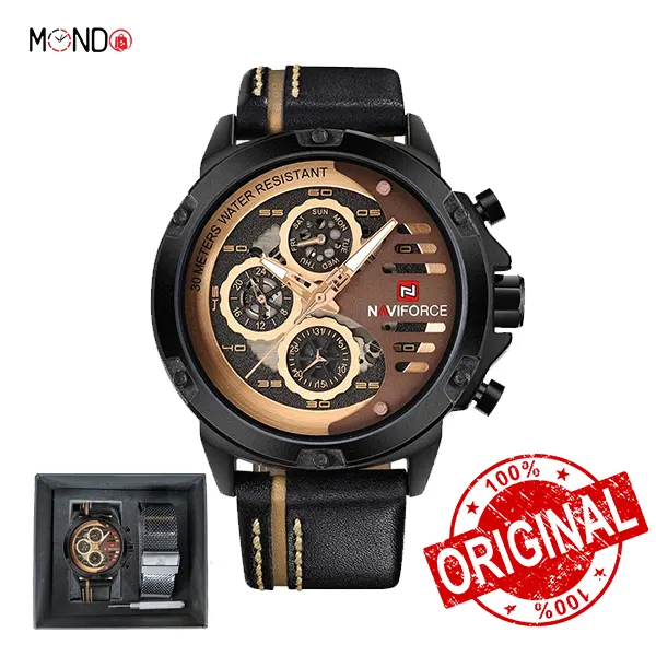 NF9110S B-rg-B ساعت نیوی فورس مردانه NF9110LS-B-RG-B با ۲ بند (چرمی + حصیری)