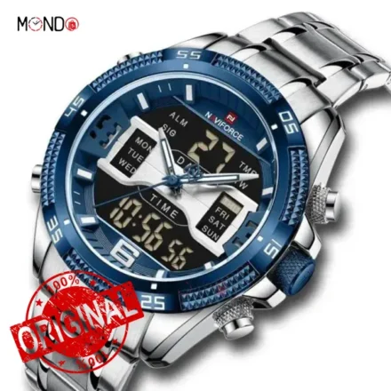 ساعت نیوی فورس مردانه مدل NF 9201 S-BE آبی از بالا و جزئیات صفحه