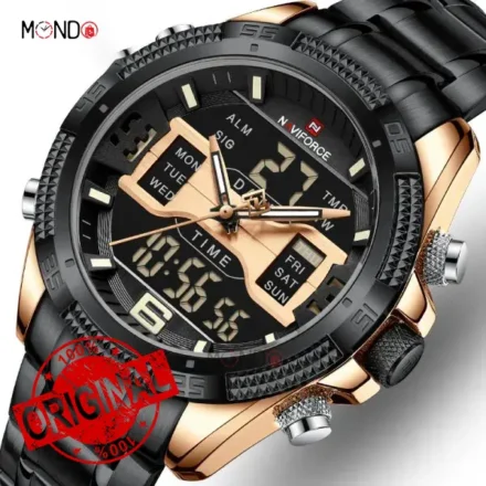 ساعت نیوی فورس مردانه مدل NF 9201 RG-B مشکی رزگلد جزئیات صفحه