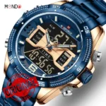 ساعت نیوی فورس مردانه مدل NF 9201 RG-BE آبی رزگلد جزئیات انالوگ و دیجیتال