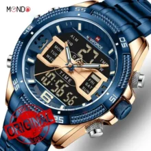 ساعت نیوی فورس مردانه مدل NF 9201 RG-BE آبی رزگلد جزئیات انالوگ و دیجیتال