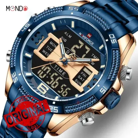 ساعت نیوی فورس مردانه مدل NF 9201 RG-BE آبی رزگلد جزئیات انالوگ و دیجیتال